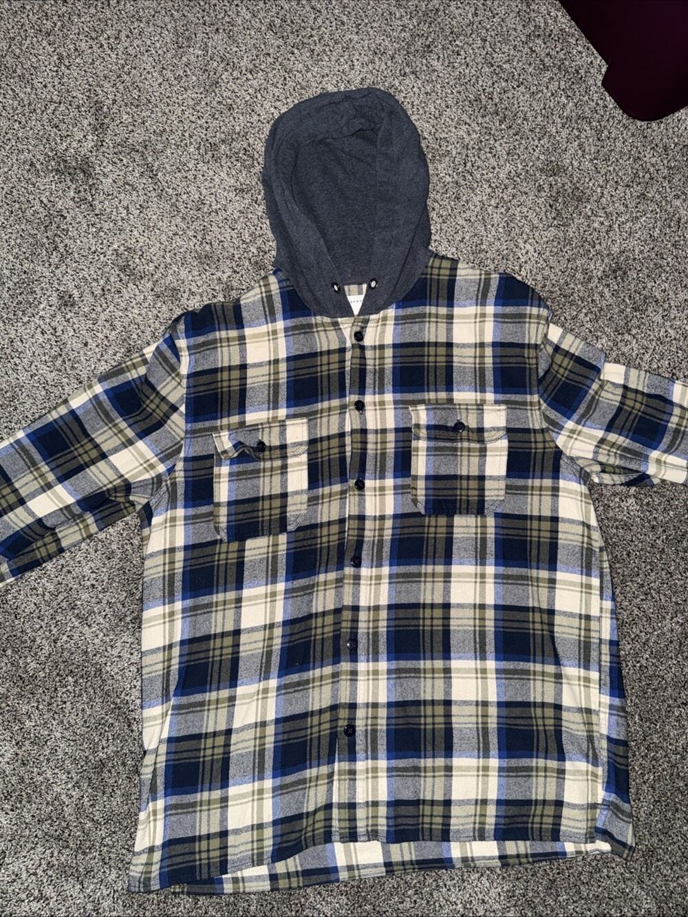 Aeropostale Men's Flannel Button-Down Hoodie Beige Size L